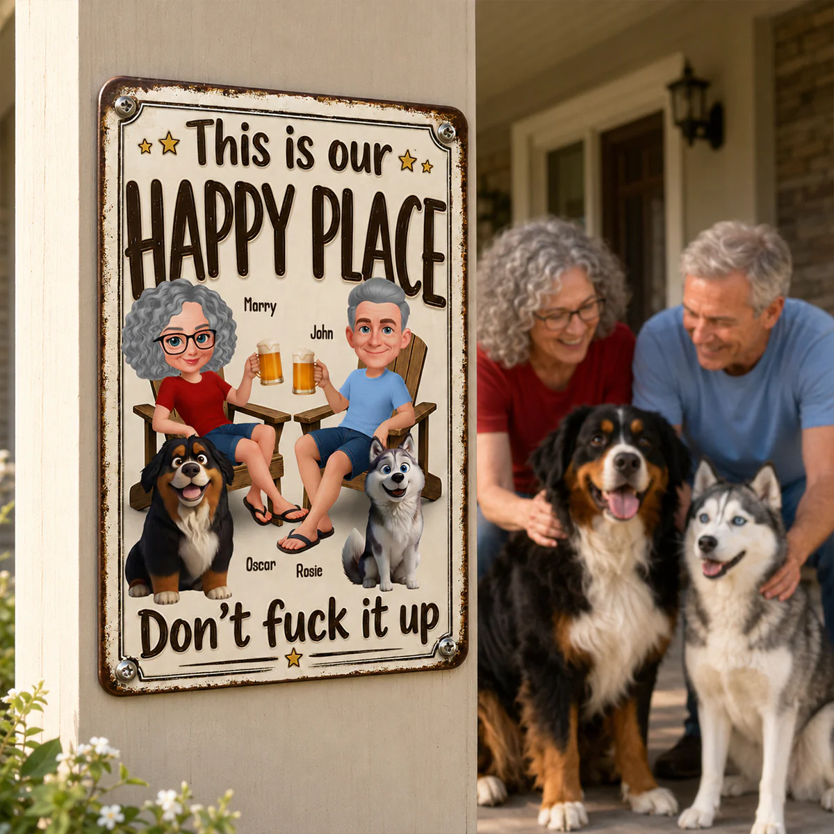 This is Our Happy Place Couple and Dogs - Personalized Metal Sign - Funny Vintage Sign for Couple - Image 2
