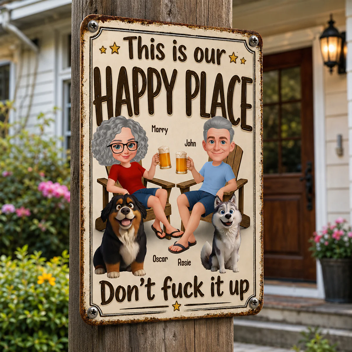 This is Our Happy Place Couple and Dogs - Personalized Metal Sign - Funny Vintage Sign for Couple - Image 3