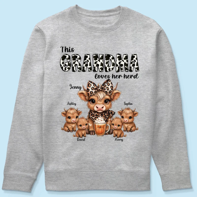 This Mama Grandma Loves Her Herds – Cozy Fall Vibe Personalized Highland Cow Family Sweatshirt - Image 12