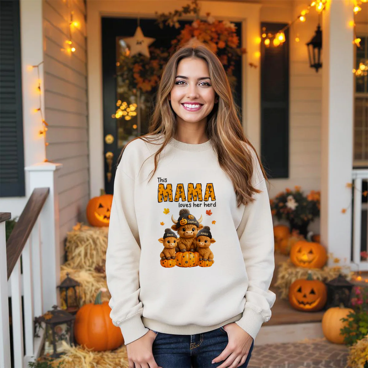 This Mama Loves Her Herd Cute Highland Cow Pumpkin Personalized Sweatshirt, Fall Sweatshirt for Mom Grandma - Image 10