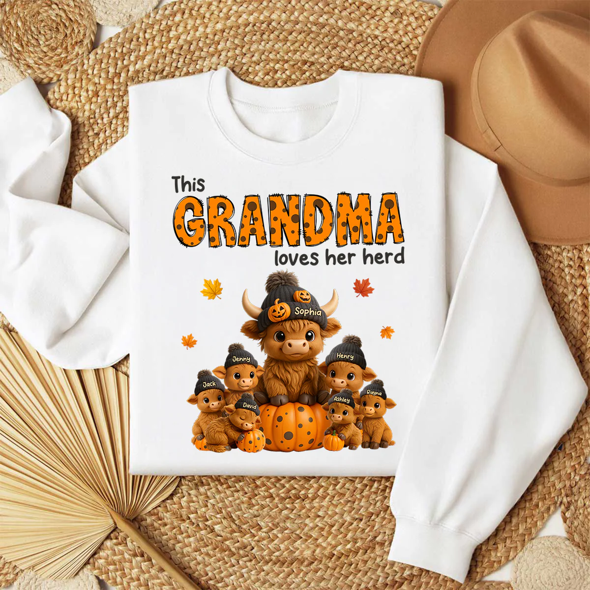 This Mama Loves Her Herd Cute Highland Cow Pumpkin Personalized Sweatshirt, Fall Sweatshirt for Mom Grandma - Image 2