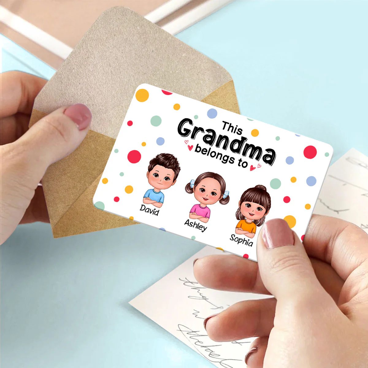 This Mom Grandma Dad Grandpa Belongs To Cute Doll Kids Personalized Metal Wallet Card - Image 3