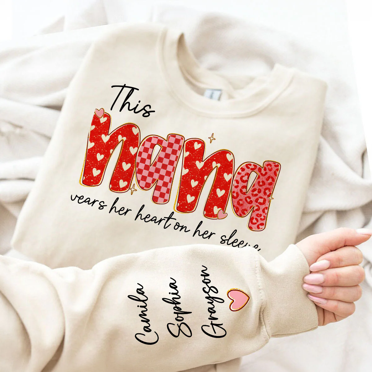 This Nana Wears Heart On Her Sleeve Preppy Pattern - Personalized Sleeve Printed Sweatshirt - Mother's Day Gift For Grandma - Image 2