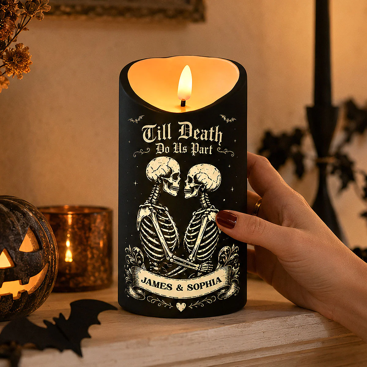 Till Death Do Us Part Skeleton Couple Black Theme - Personalized LED Candle - Halloween Decor For Couple - Image 2