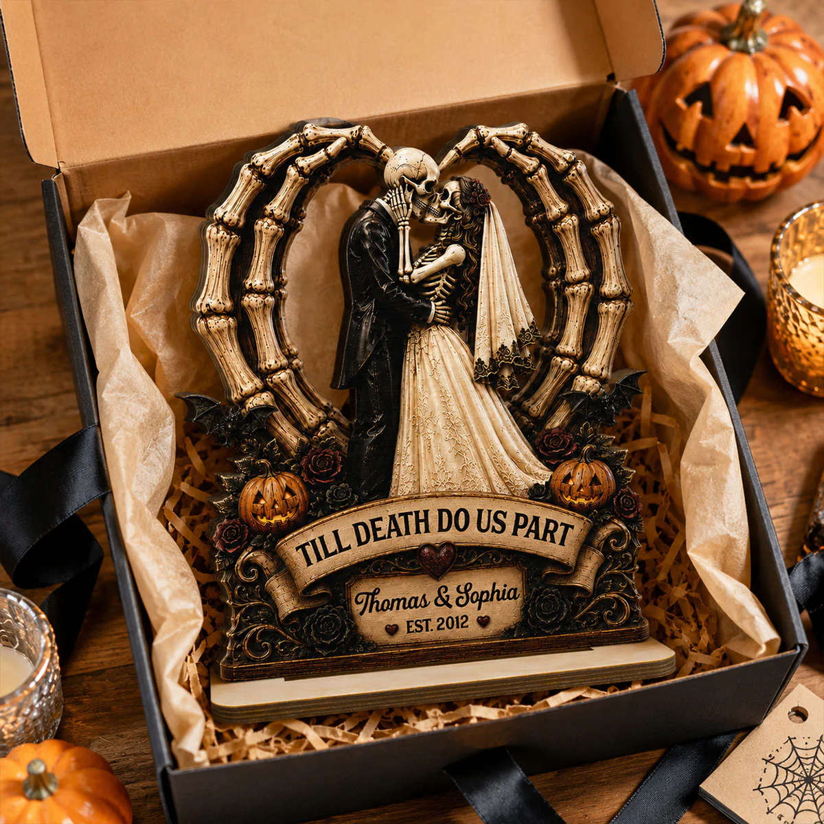 Till Death Do Us Part Skeleton Couple Heart Bone 2D Flat - Personalized 2-Layered Wooden Plaque - Halloween Decor For Couple - Image 3