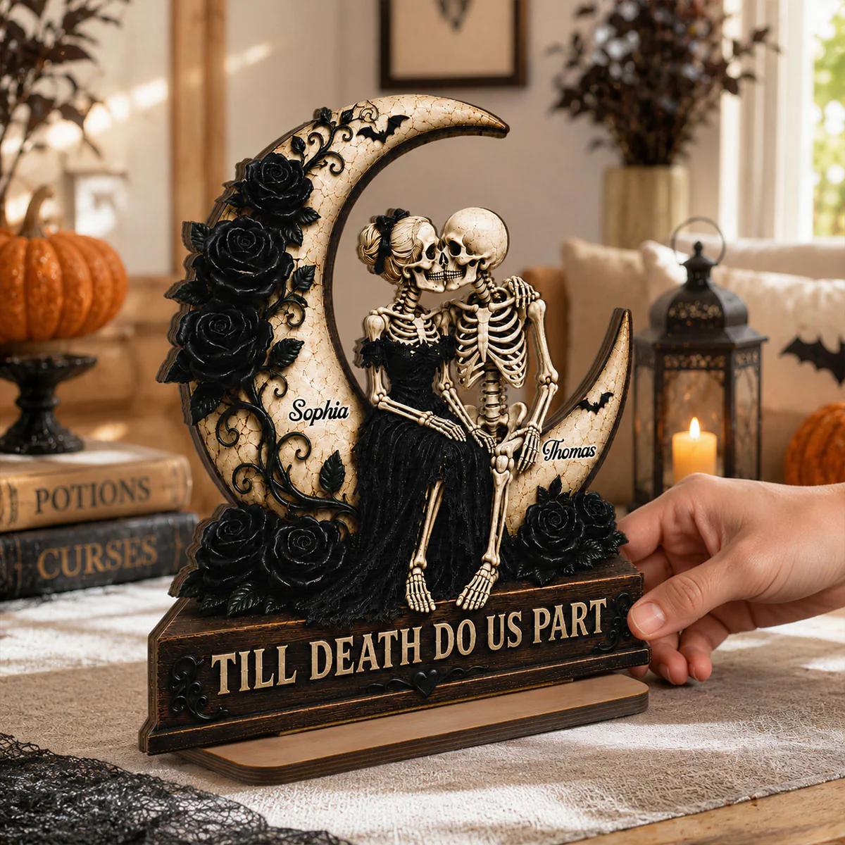 Till Death Do Us Part Skeleton Couple On Moon 2D Flat - Personalized 2-Layered Wooden Plaque - Halloween Decor For Couple - Image 2