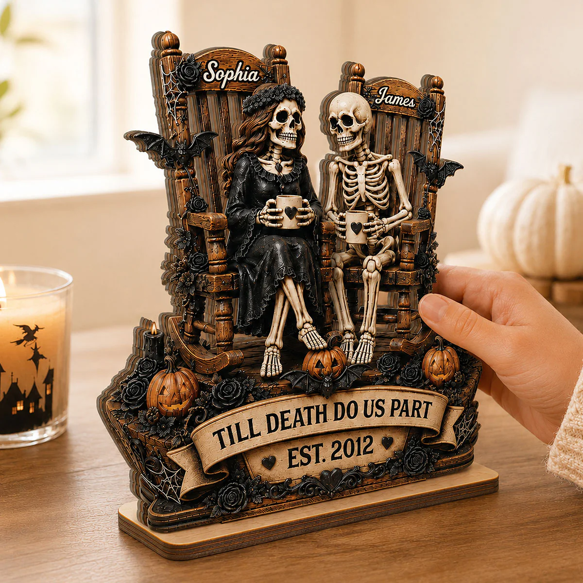 Till Death Do Us Part Skeleton Couple 2D Flat - Personalized 2-Layered Wooden Plaque - Halloween Decor For Couple - Image 2