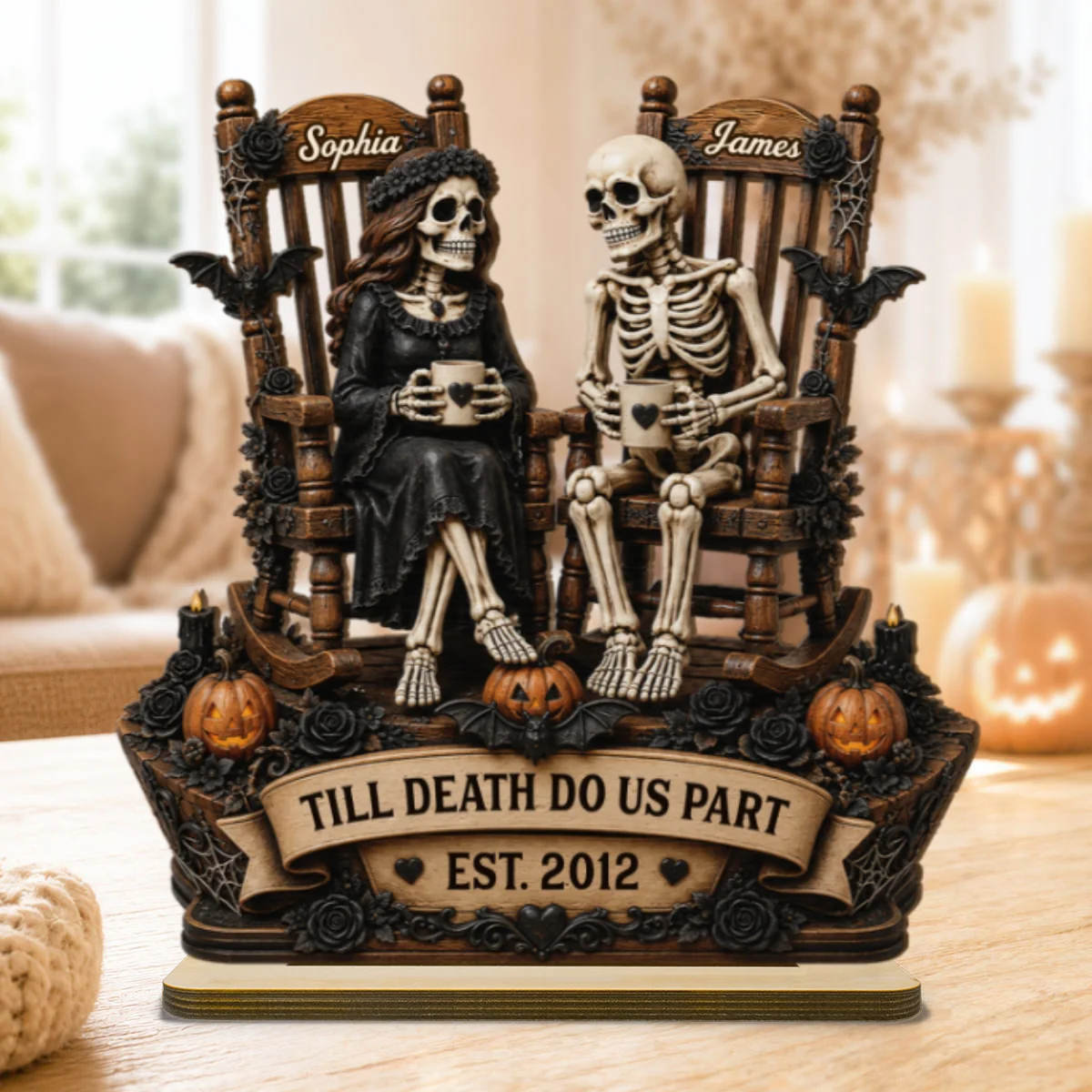 Till Death Do Us Part Skeleton Couple 2D Flat - Personalized 2-Layered Wooden Plaque - Halloween Decor For Couple - Image 8