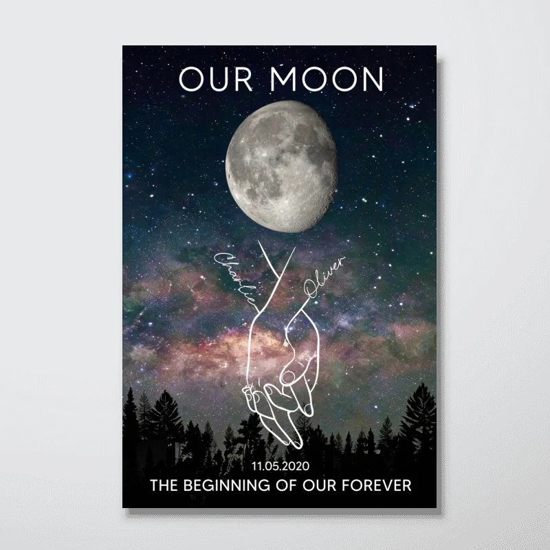 Timeless Love Couple Holding Hands Line Art Custom Moon Phase Anniversary Date - Personalized Poster - Gift For Couple - Image 10