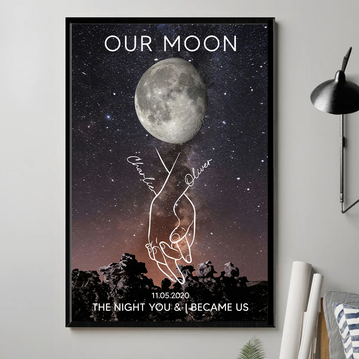 Timeless Love Couple Holding Hands Line Art Custom Moon Phase Anniversary Date - Personalized Poster - Gift For Couple - Image 4