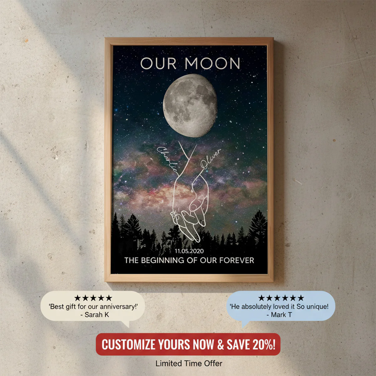 Timeless Love Couple Holding Hands Line Art Custom Moon Phase Anniversary Date - Personalized Poster - Gift For Couple - Image 5