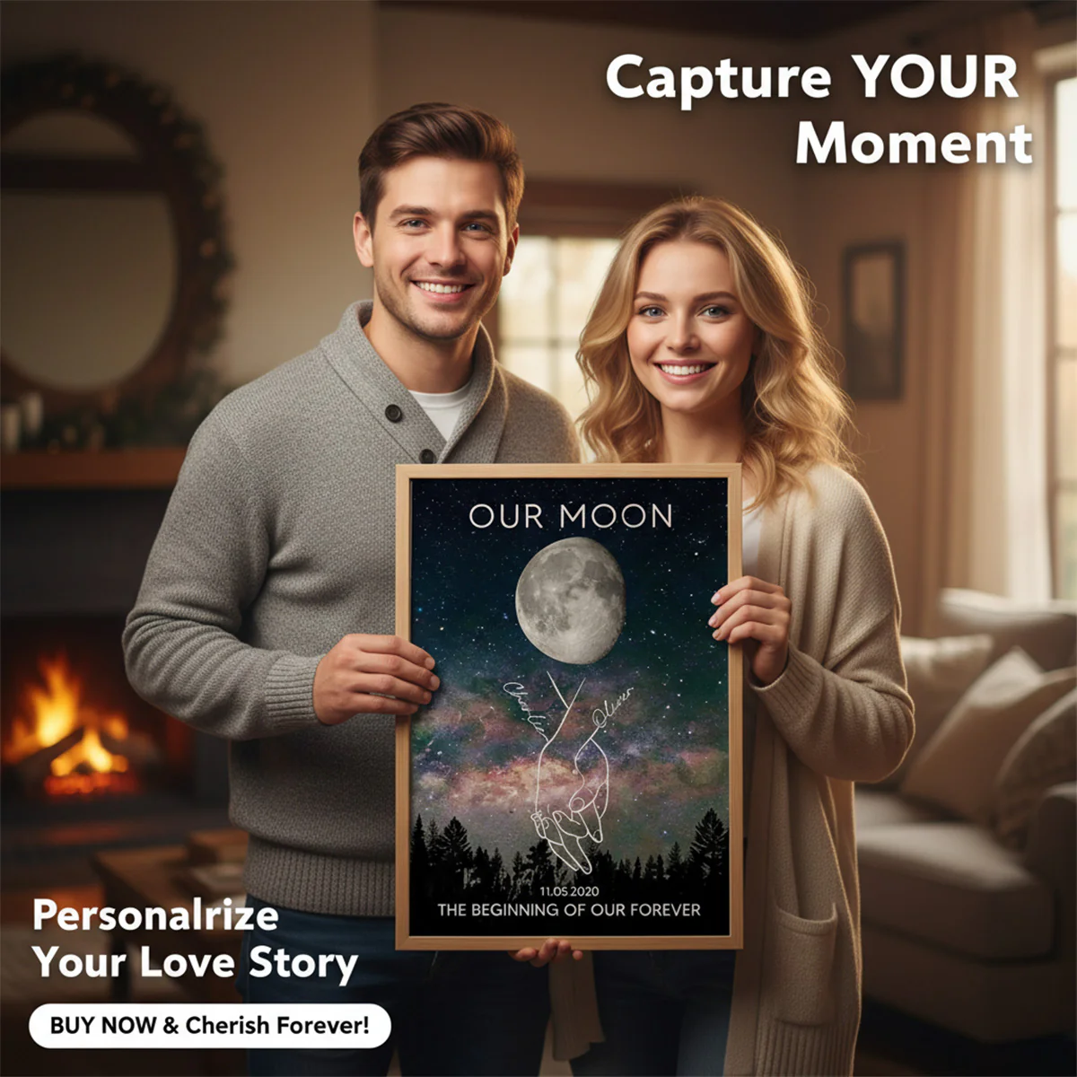 Timeless Love Couple Holding Hands Line Art Custom Moon Phase Anniversary Date - Personalized Poster - Gift For Couple - Image 6