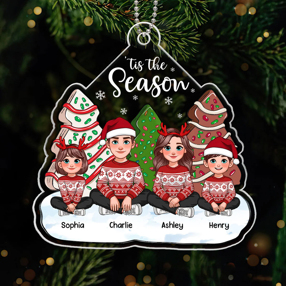 Tis The Season Animated Family Sitting By Christmas Tree Cake Personalized Acrylic Ornament