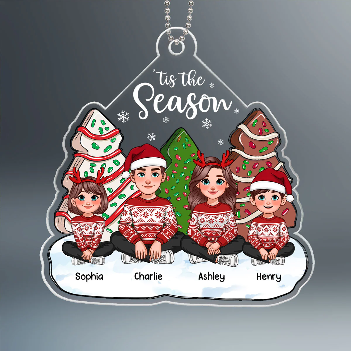 Tis The Season Animated Family Sitting By Christmas Tree Cake Personalized Acrylic Ornament - Image 2