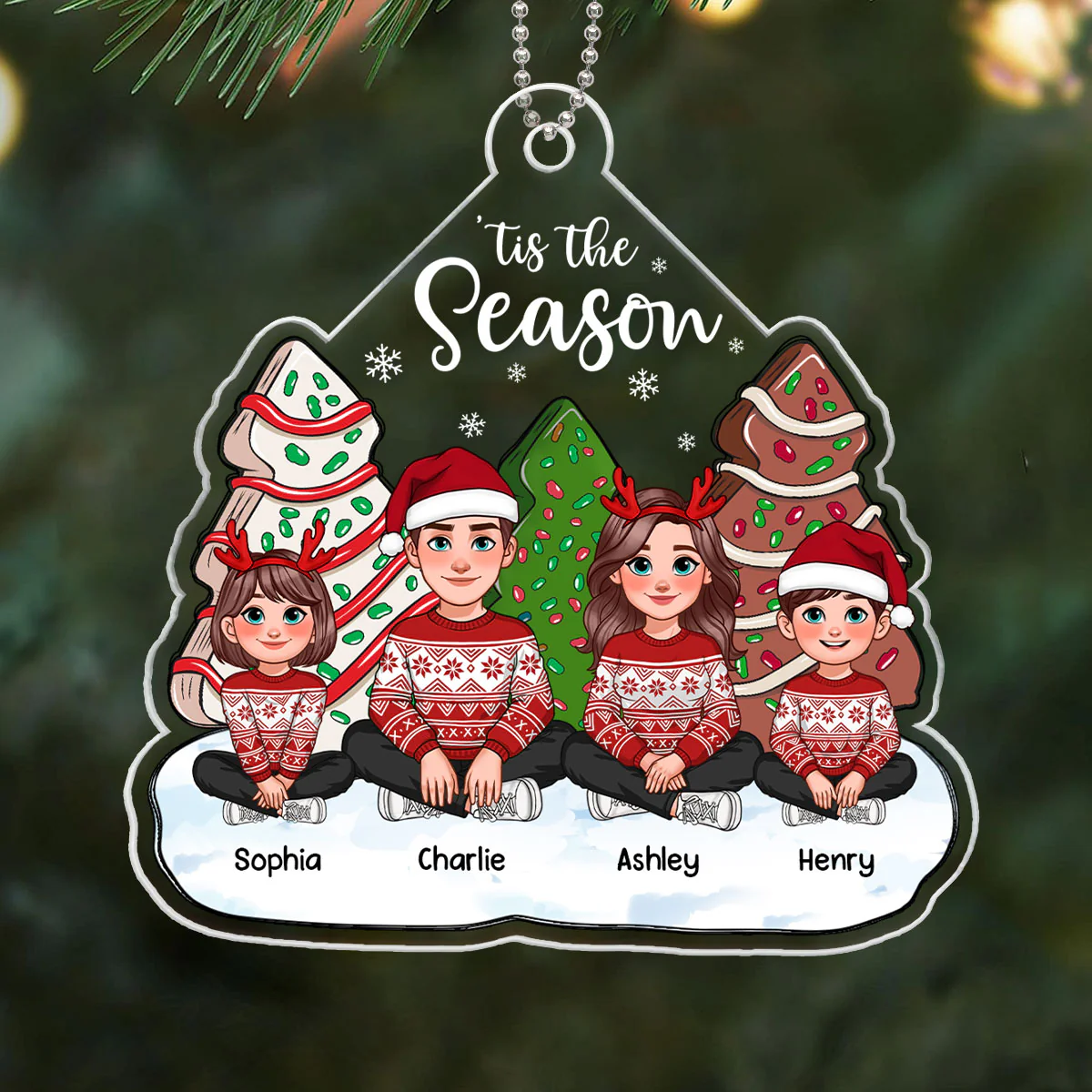 Tis The Season Animated Family Sitting By Christmas Tree Cake Personalized Acrylic Ornament - Image 4