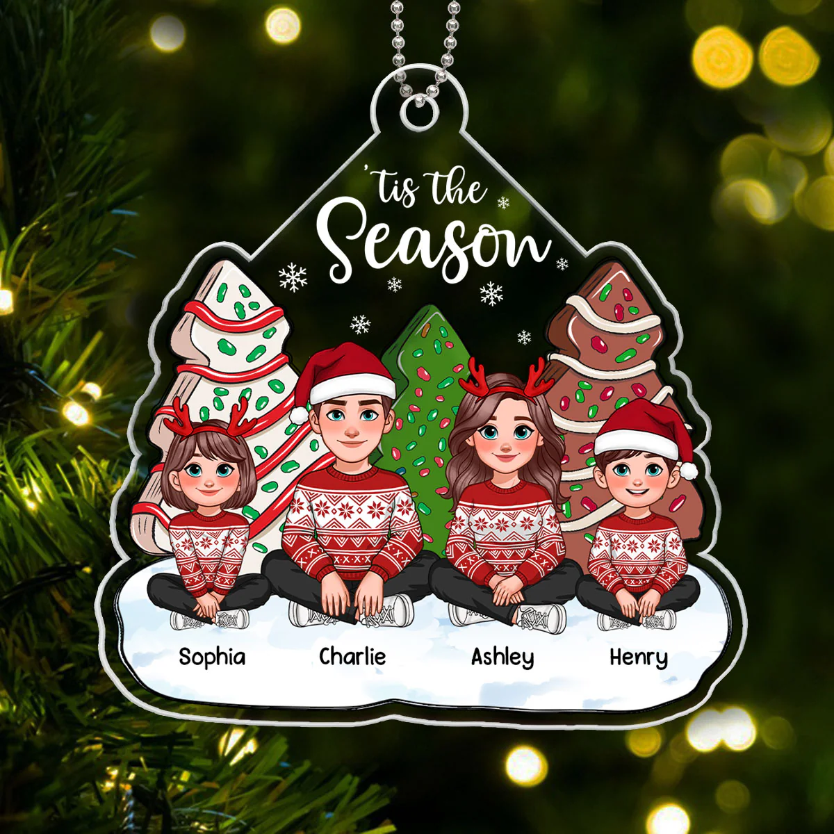 Tis The Season Animated Family Sitting By Christmas Tree Cake Personalized Acrylic Ornament - Image 6