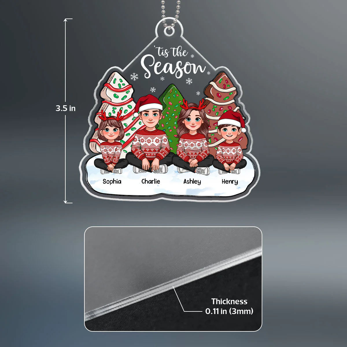 Tis The Season Animated Family Sitting By Christmas Tree Cake Personalized Acrylic Ornament - Image 7