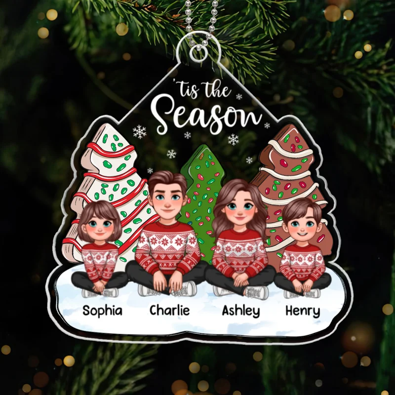 Tis The Season Animated Family Sitting By Christmas Tree Cake Personalized Acrylic Ornament - Image 8