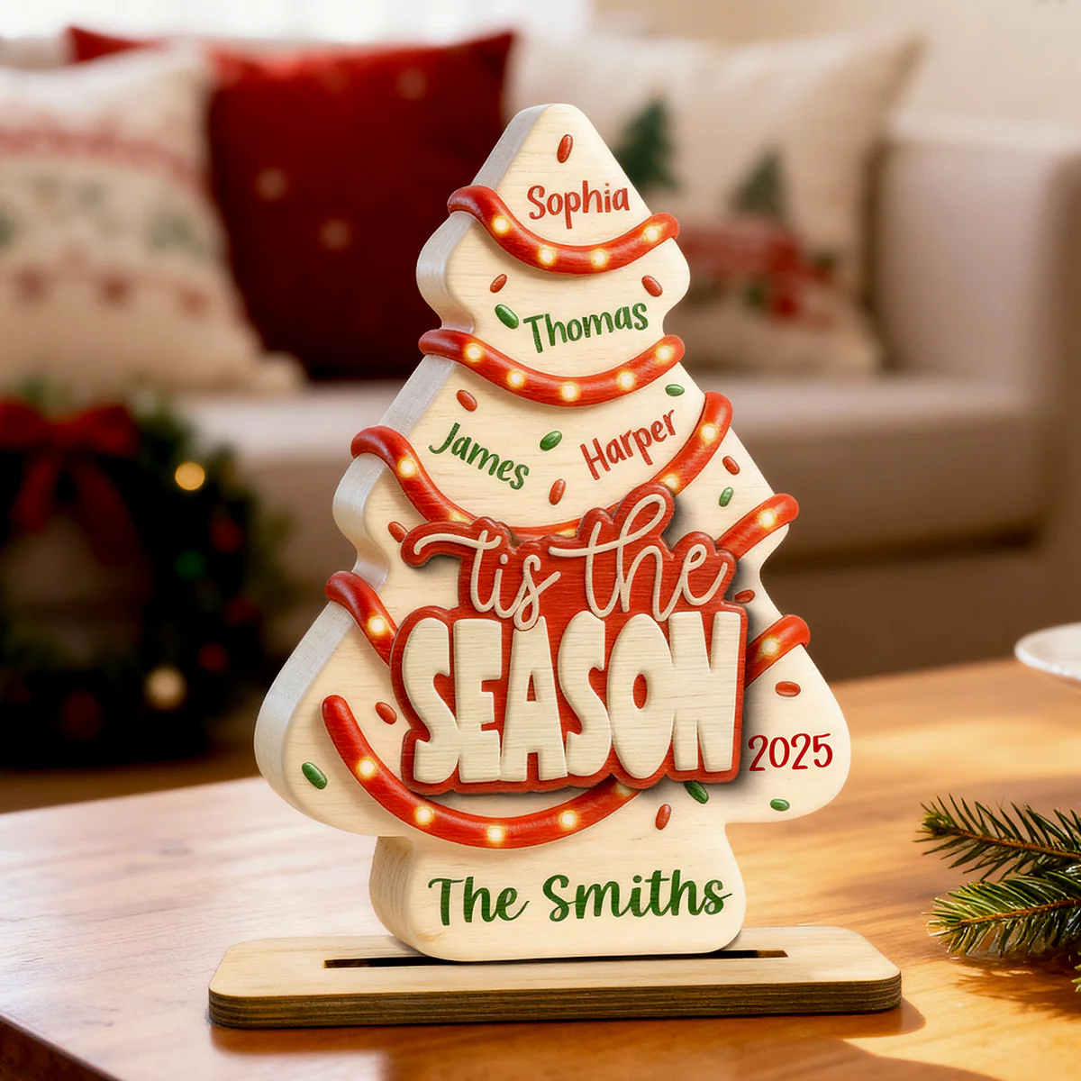Tis The Season Christmas Tree Cake Family Names - Personalized 2-Layered Wooden Plaque - Image 2
