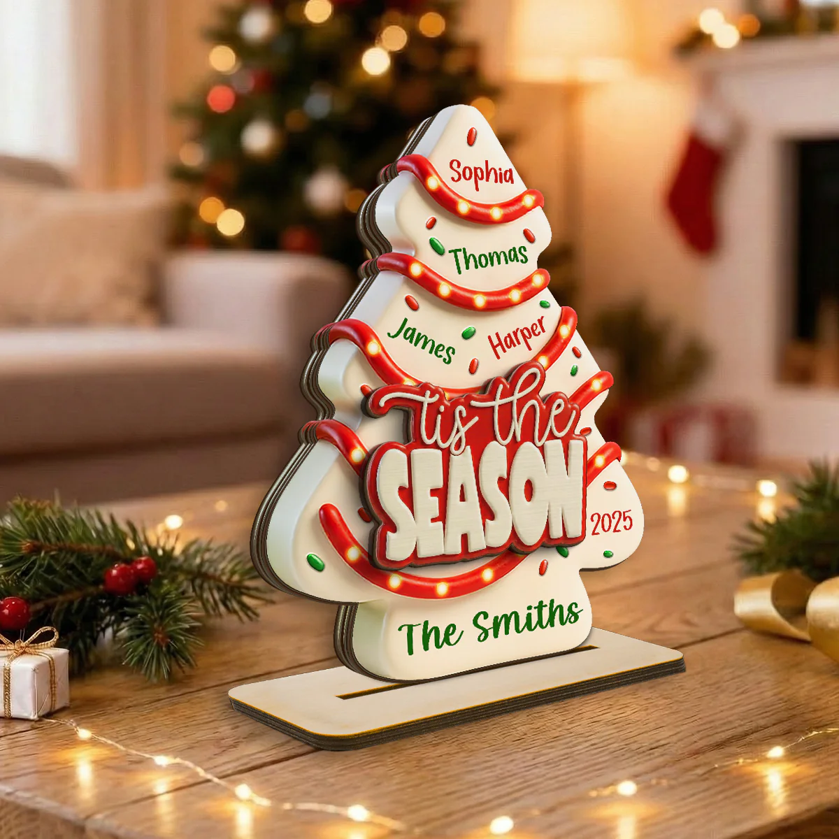 Tis The Season Christmas Tree Cake Family Names - Personalized 2-Layered Wooden Plaque - Image 3