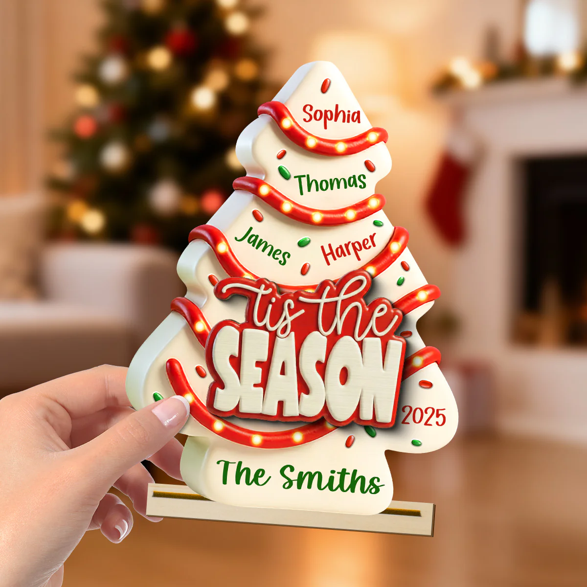 Tis The Season Christmas Tree Cake Family Names - Personalized 2-Layered Wooden Plaque - Image 4