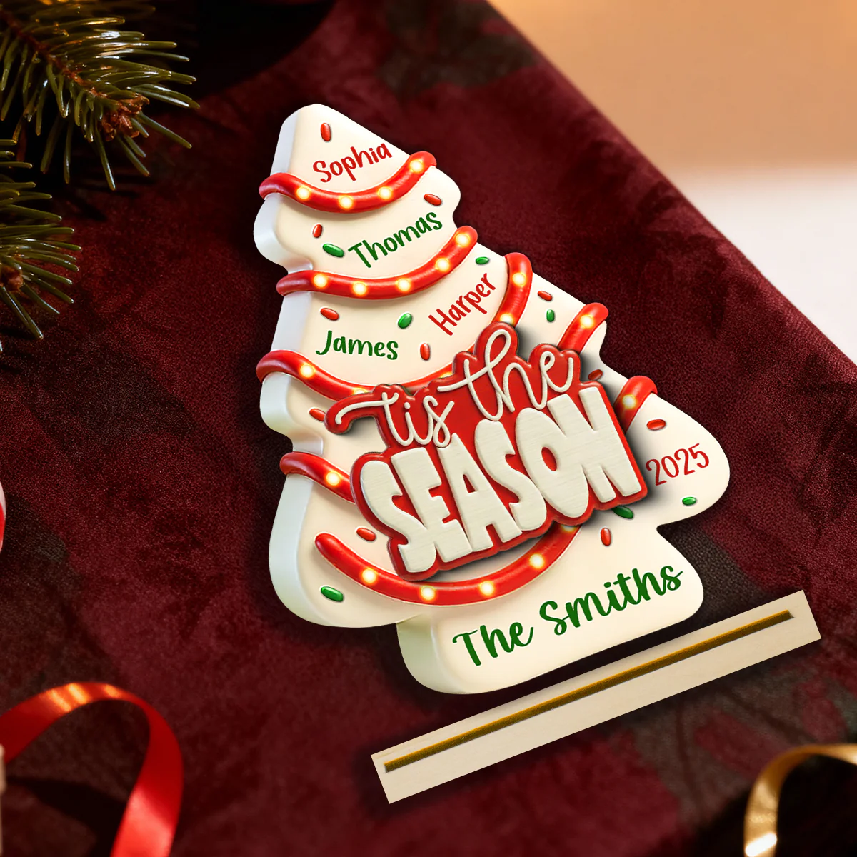 Tis The Season Christmas Tree Cake Family Names - Personalized 2-Layered Wooden Plaque - Image 5