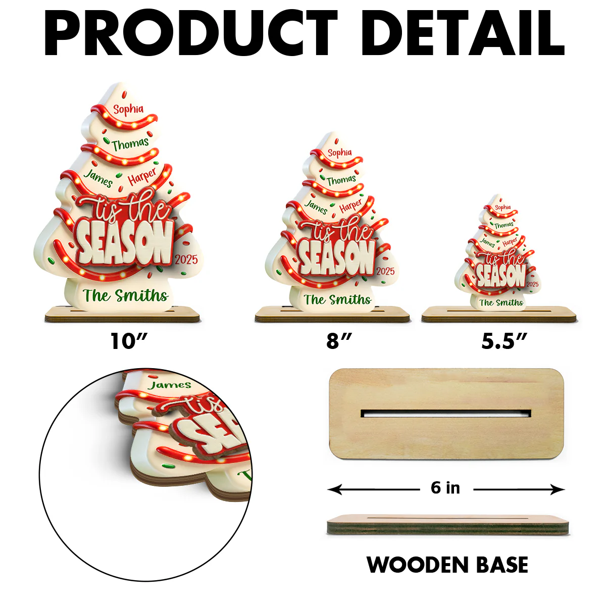 Tis The Season Christmas Tree Cake Family Names - Personalized 2-Layered Wooden Plaque - Image 6