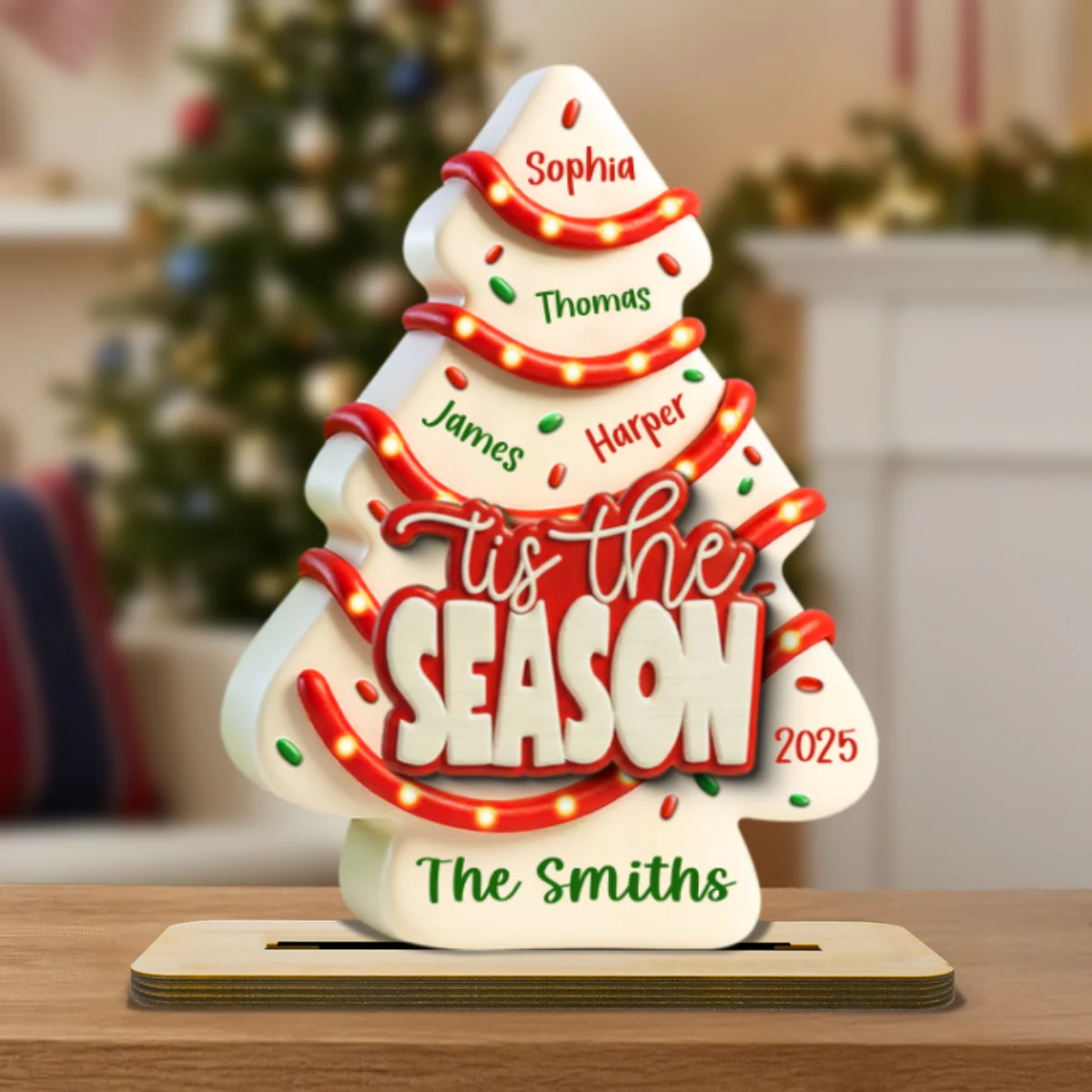 Tis The Season Christmas Tree Cake Family Names - Personalized 2-Layered Wooden Plaque - Image 8