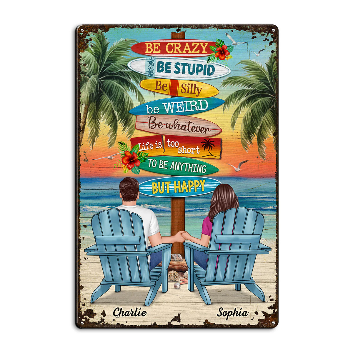 To Be Anything But Happy Beach Sitting Couple Personalized Metal Sign