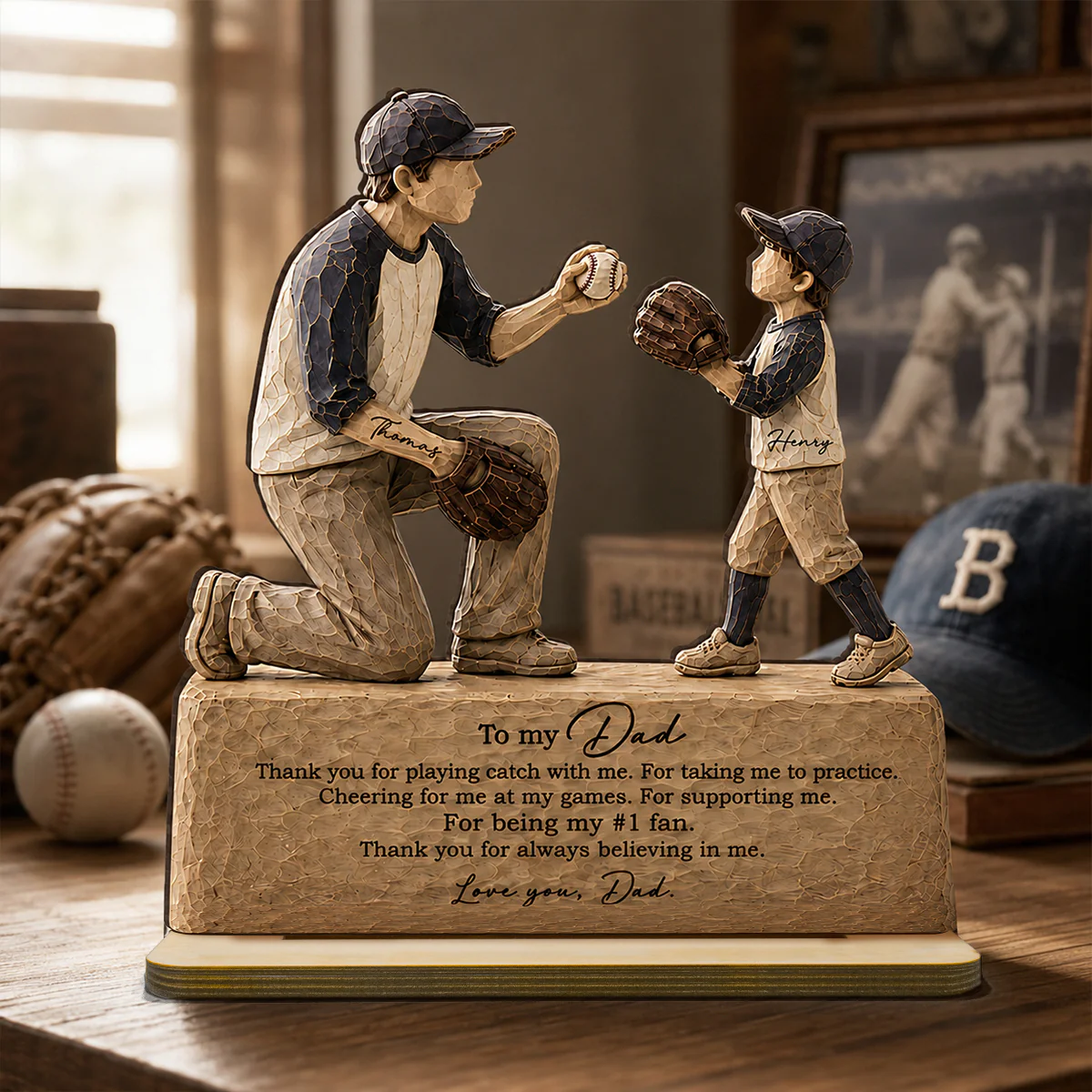 To My Baseball Dad Thanks for Playing Catch with Me - Personalized 2-Layered Wooden Plaque -  Gift for Dad from Son - Image 5