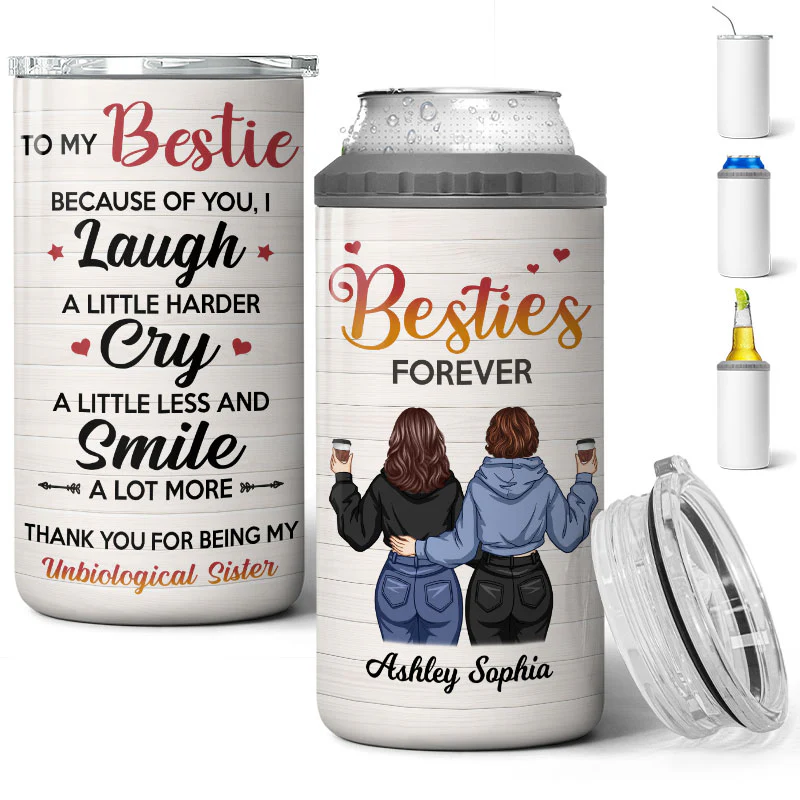 To My Bestie Back View Personalized 4 In 1 Can Cooler