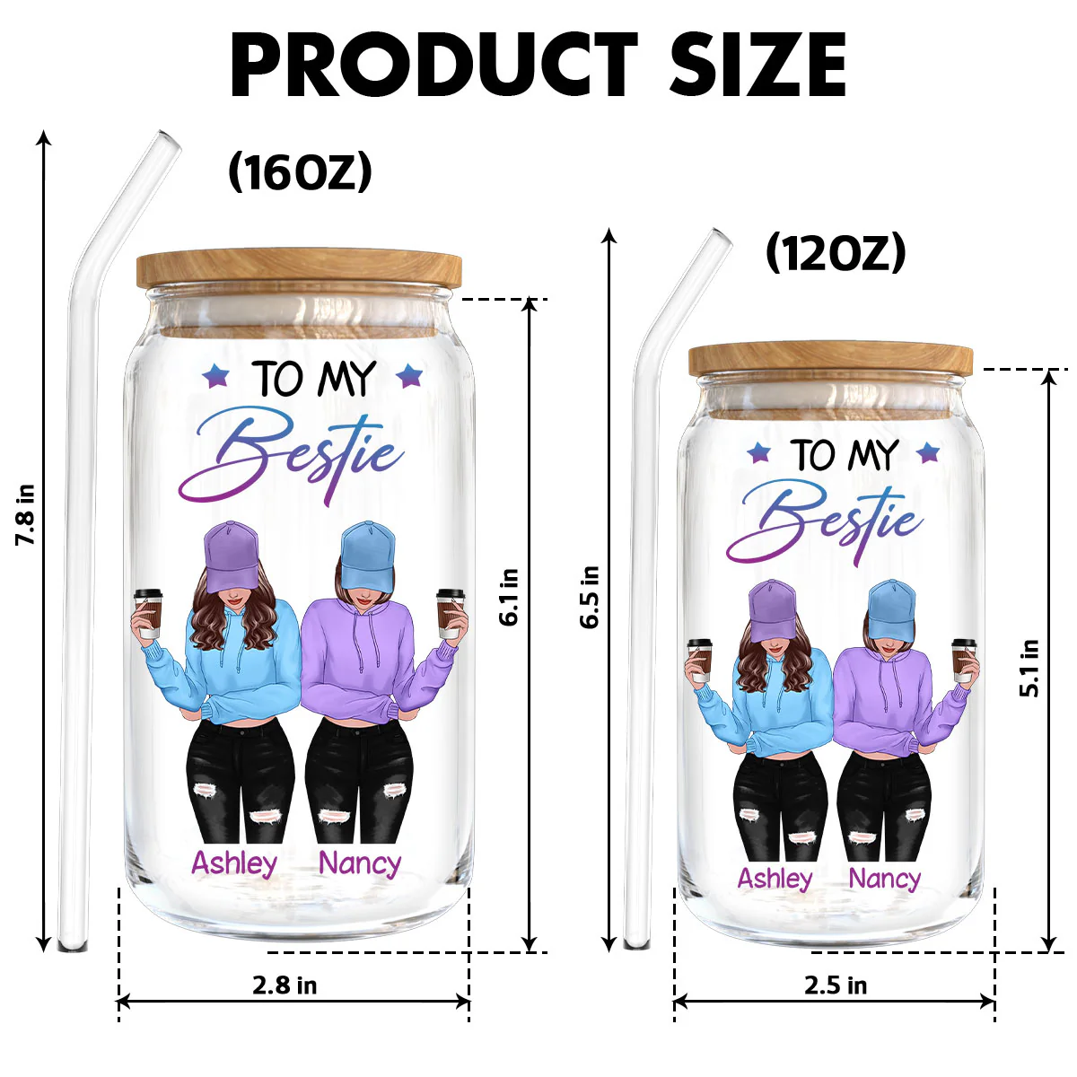 To My Bestie Front View Gift For Best Friends Personalized Clear Glass Can - Image 6