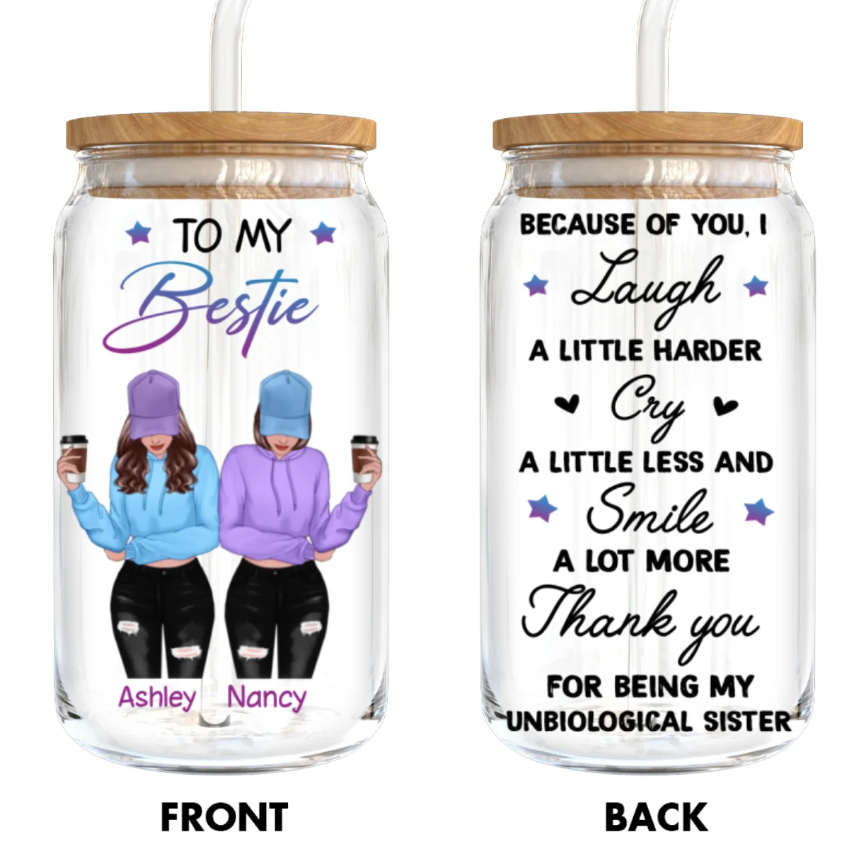 To My Bestie Front View Gift For Best Friends Personalized Clear Glass Can - Image 8