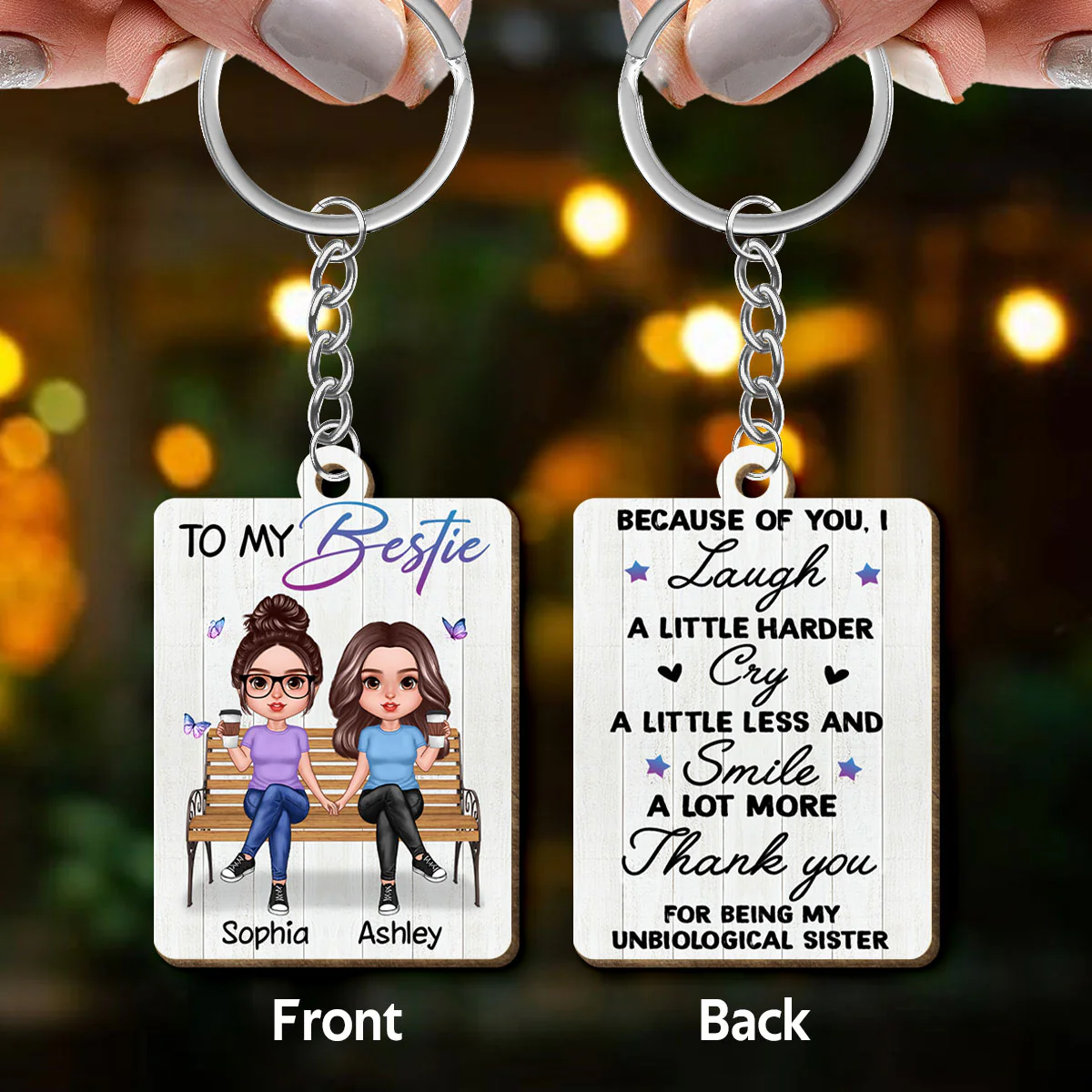 To My Bestie Realistic Doll Personalized Wooden Keychain - Image 3
