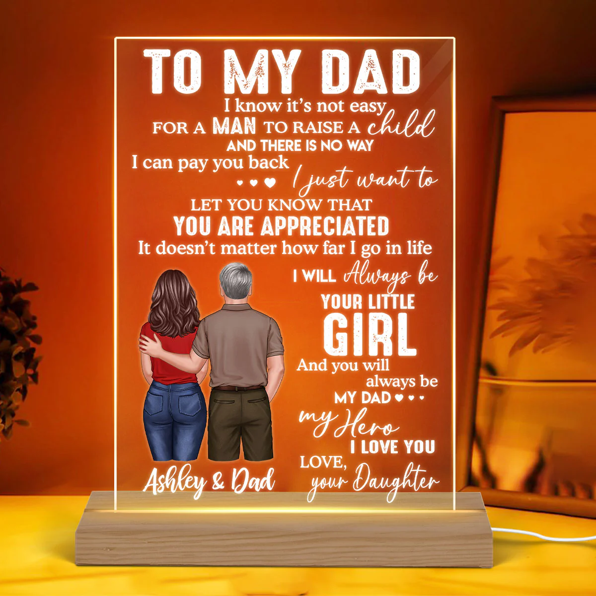 To My Dad From Daughter Son Back View Dad And Daughter Son Standing Personalized Rectangle Acrylic Plaque LED Night Light - Image 3
