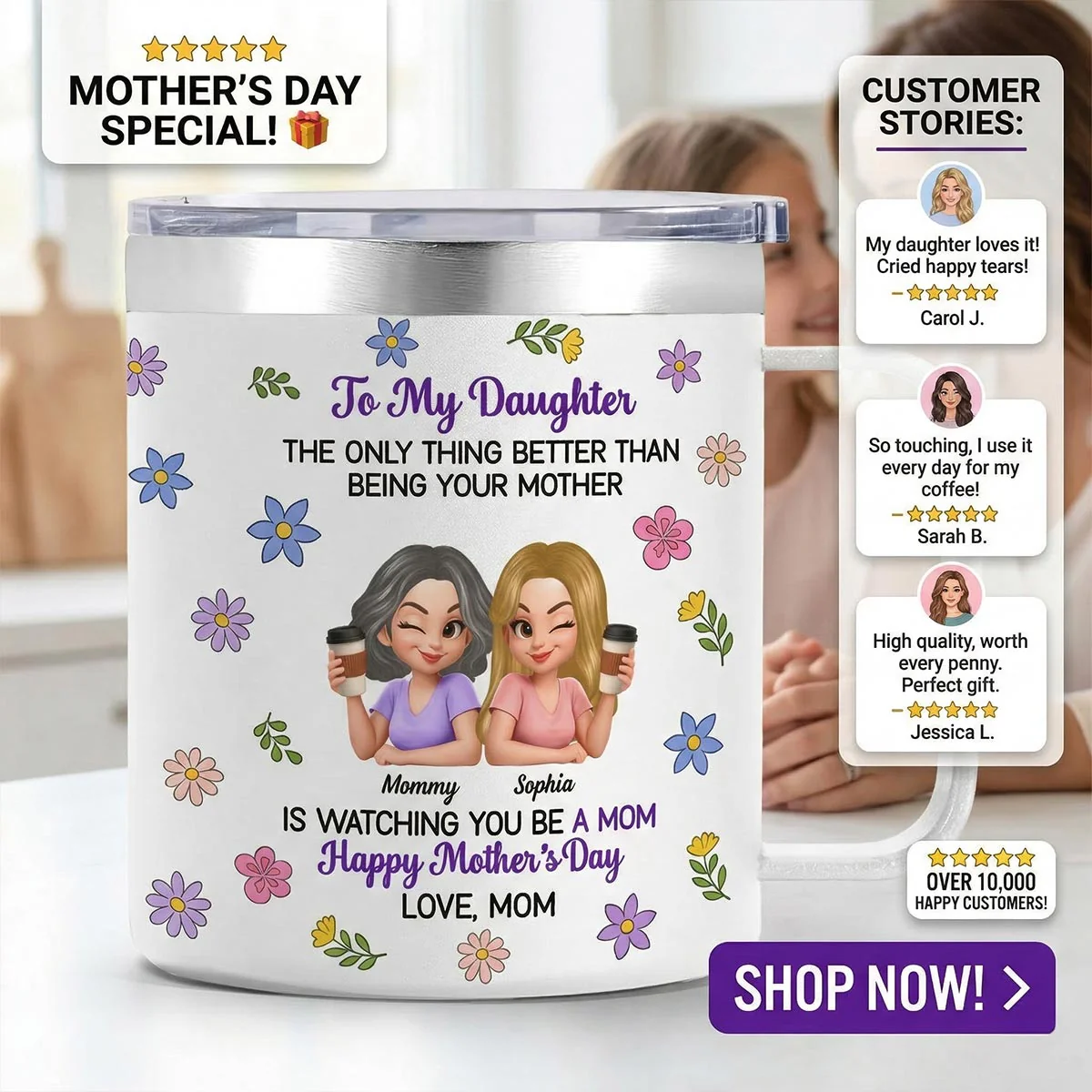 To My Daughter Floral 2D Flat - Personalized Tumbler With Handle - Heartfelt Mother's Day Gift For Daughter - Image 12