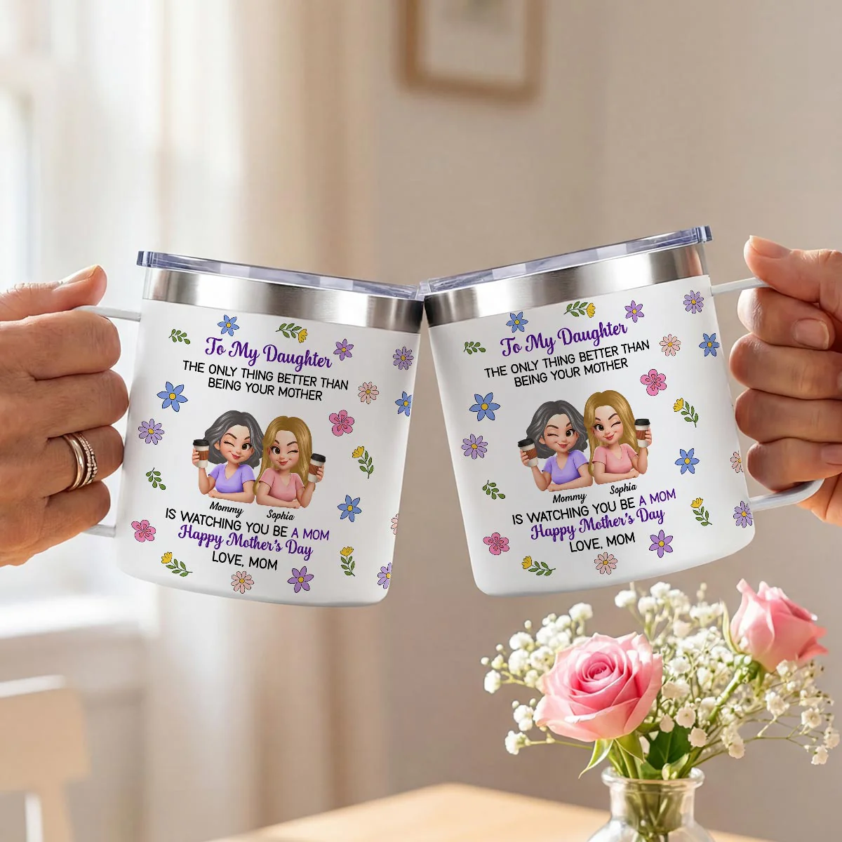 To My Daughter Floral 2D Flat - Personalized Tumbler With Handle - Heartfelt Mother's Day Gift For Daughter - Image 7