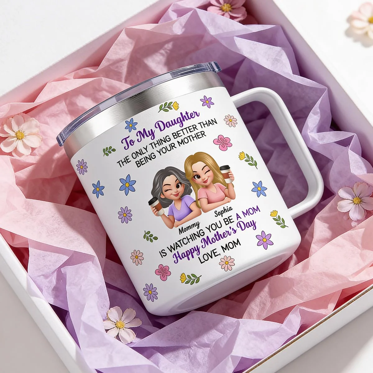 To My Daughter Floral 2D Flat - Personalized Tumbler With Handle - Heartfelt Mother's Day Gift For Daughter - Image 8