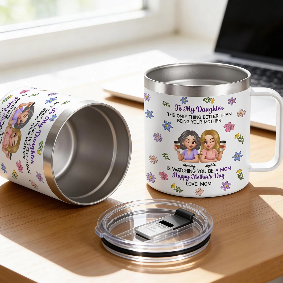 To My Daughter Floral 2D Flat - Personalized Tumbler With Handle - Heartfelt Mother's Day Gift For Daughter - Image 9