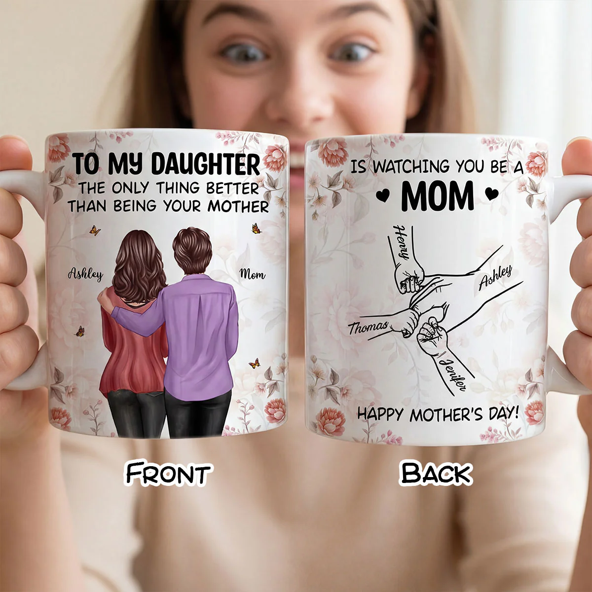 To My Daughter From Mom Hands Outline Floral Pink Tone - Personalized Mug - Mother's Day Gift For Daughter - Image 7