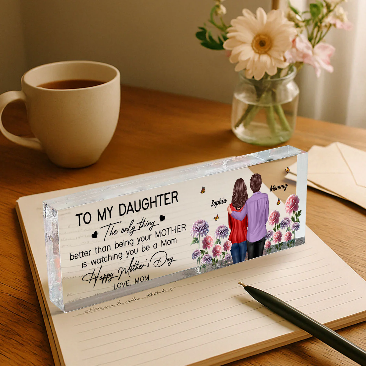 To My Daughter From Mom Happy Mother's Day Birth Flower Personalized Desk Block, Gift For Daughter - Image 3