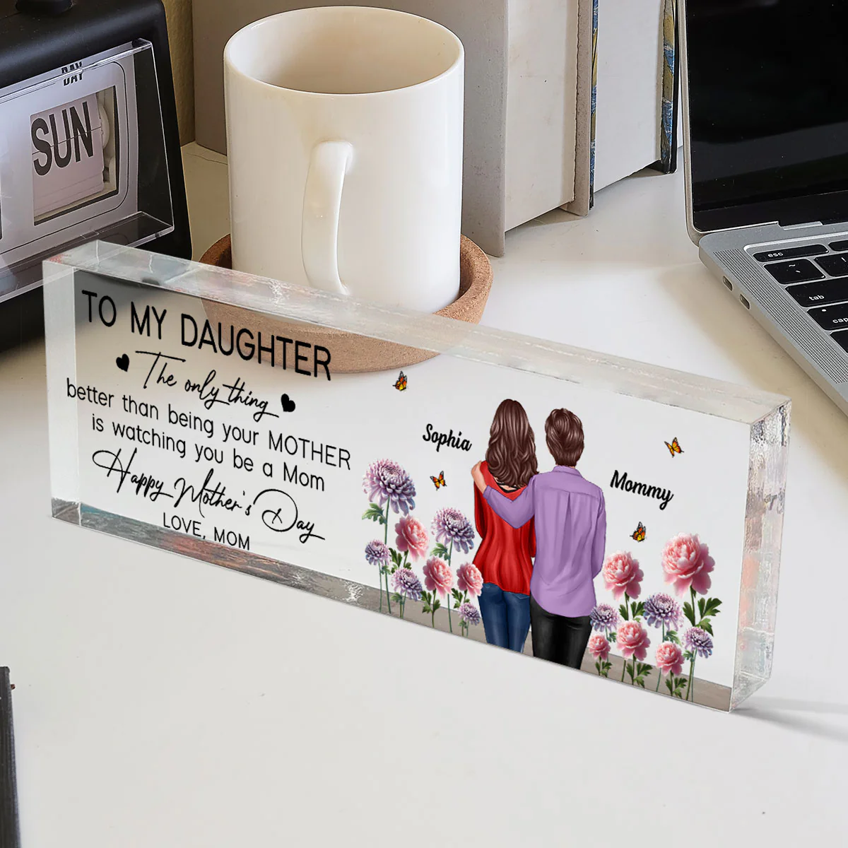 To My Daughter From Mom Happy Mother's Day Birth Flower Personalized Desk Block, Gift For Daughter - Image 4
