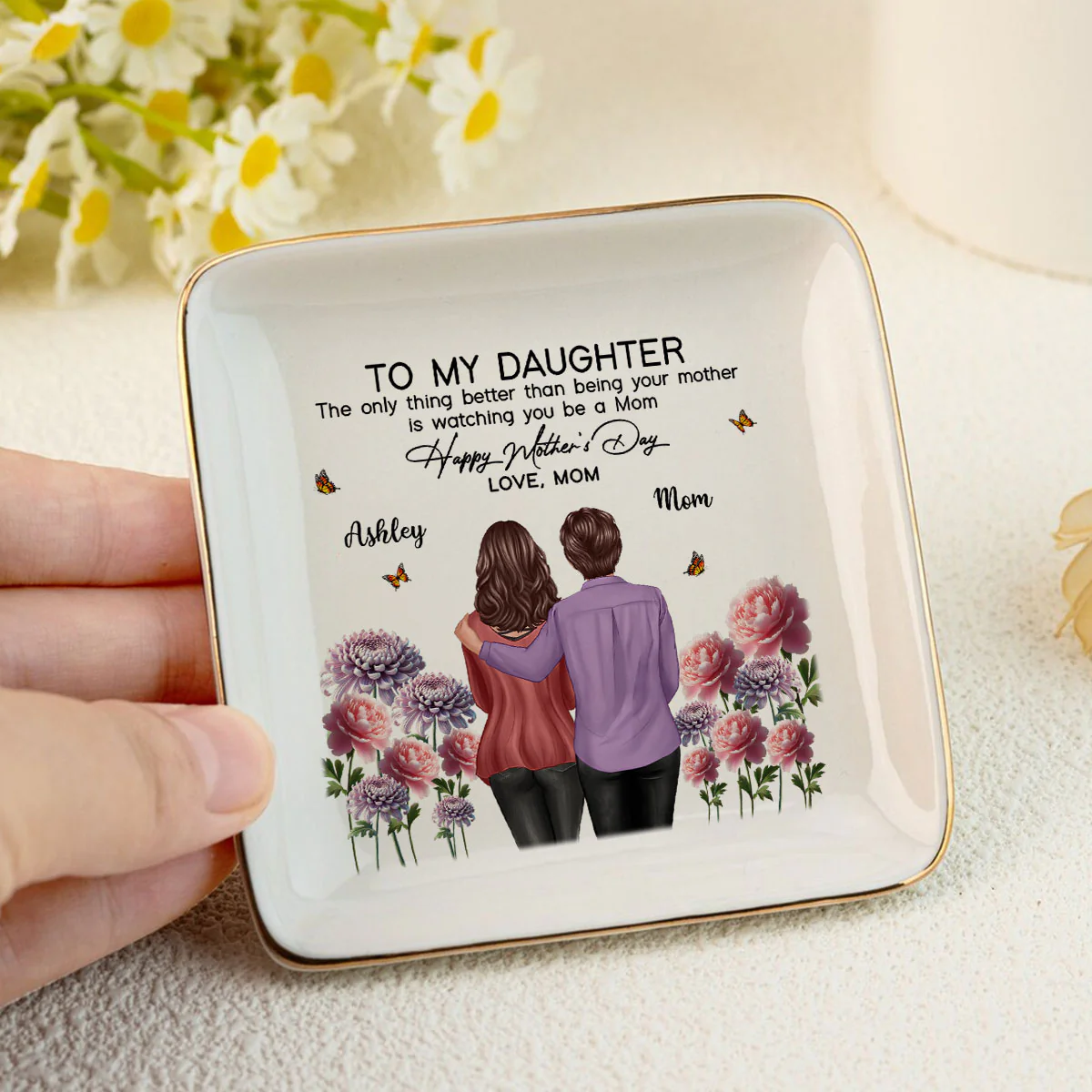 To My Daughter From Mom Happy Mother's Day Birth Flower Personalized Jewelry Dish, Gift For Daughter - Image 3