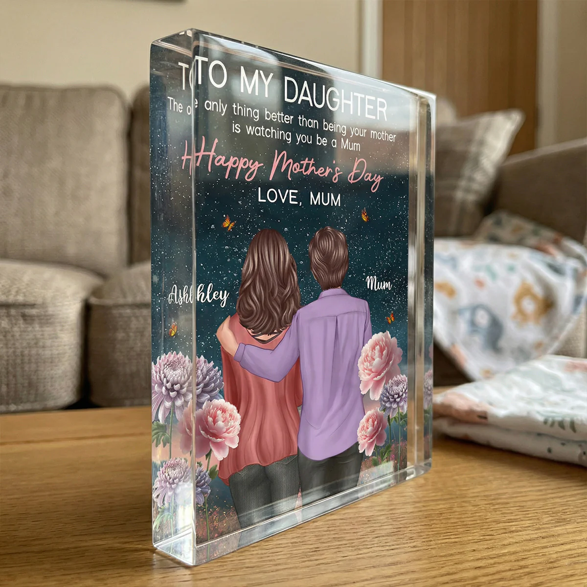 To My Daughter From Mum Birth Month Flower Beautiful Hill At Night - Personalised Acrylic Block Plaque - Gift For Mom - Image 2