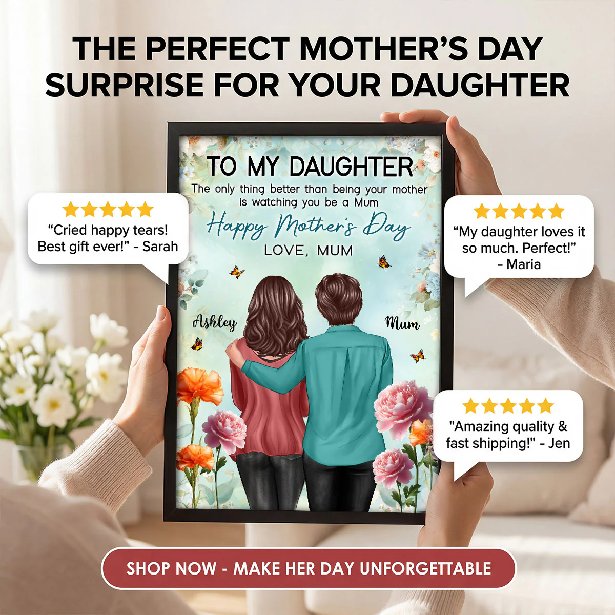 To My Daughter From Mum Birth Month Flower Happy Mother's Day Floral Green Tone - Personalised Poster - UK Mother's Day - Image 10