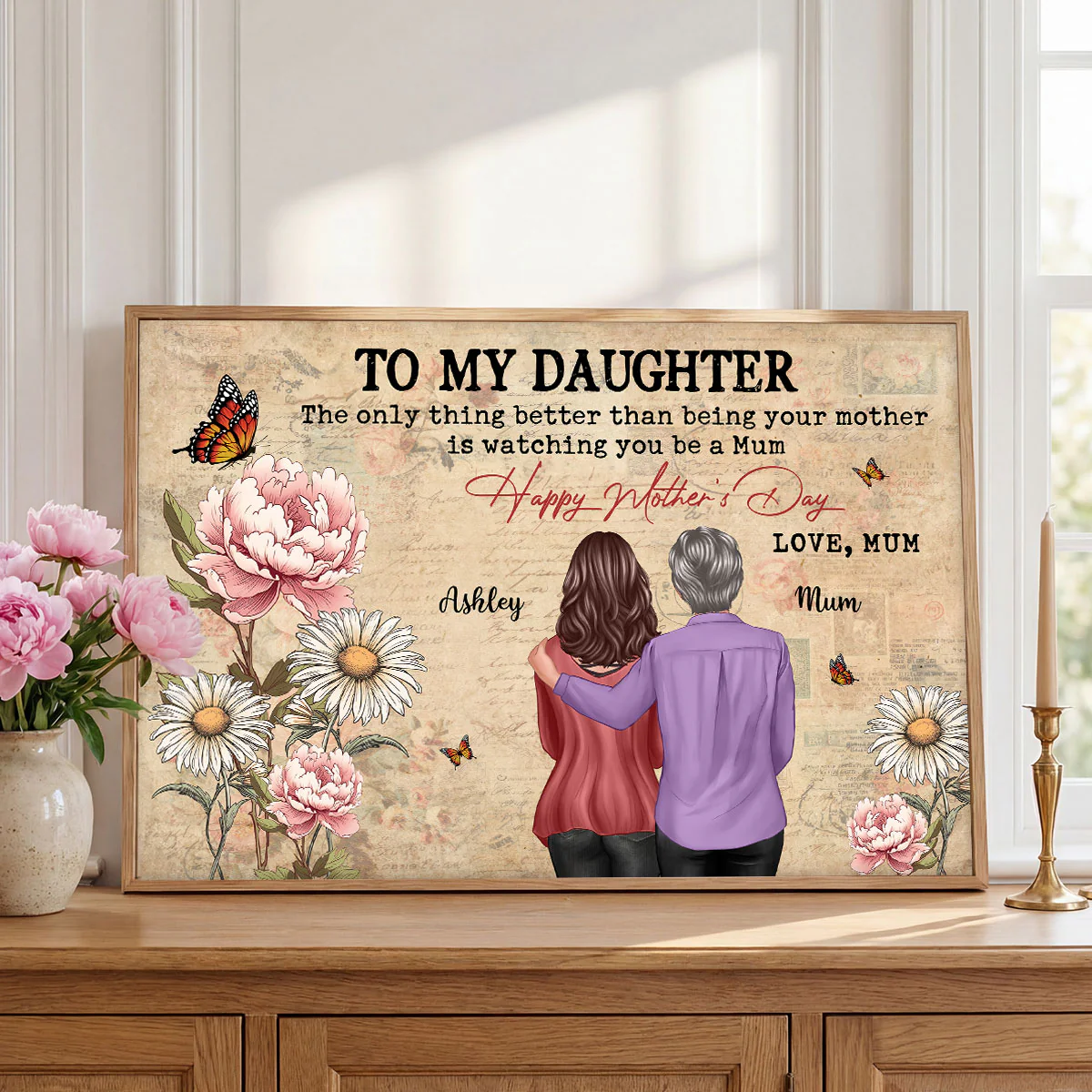 To My Daughter From Mum Vintage Floral Newspaper Birth Month Flower - Personalised Poster - UK Mother's Day - Image 3
