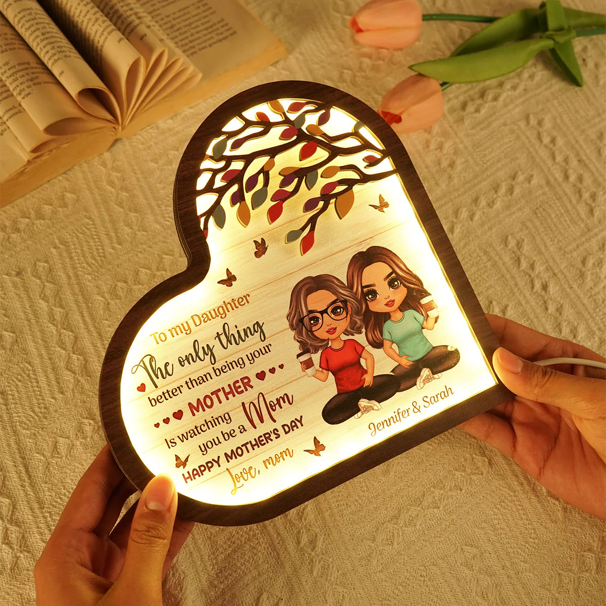 To My Daughter Gift From Mom Heart Personalized 2-Layered Wooden Plaque With LED - Image 5