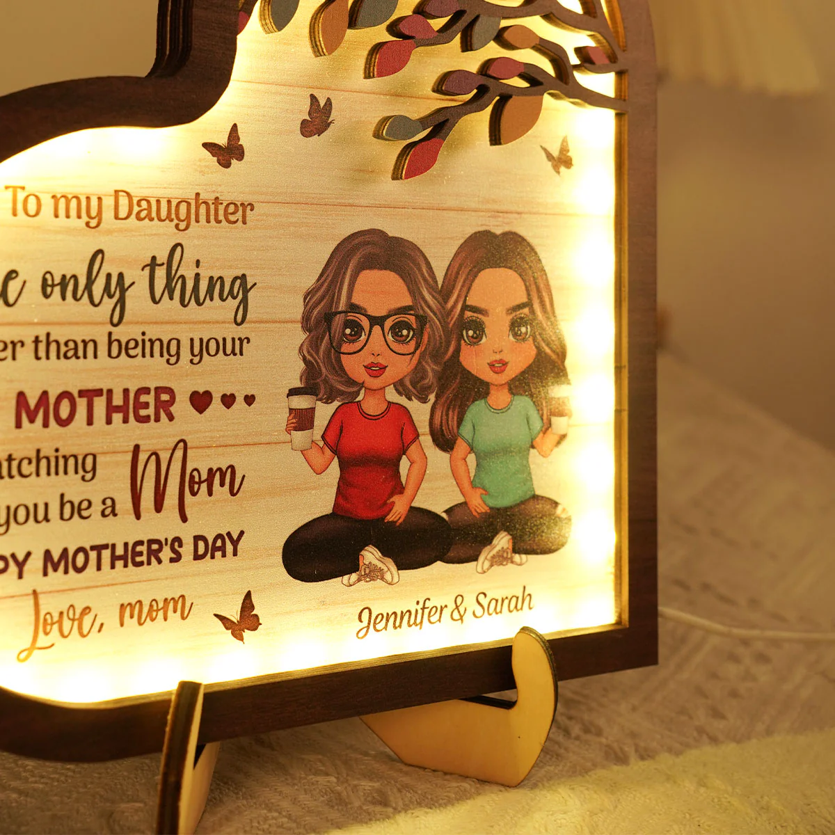 To My Daughter Gift From Mom Heart Personalized 2-Layered Wooden Plaque With LED - Image 6