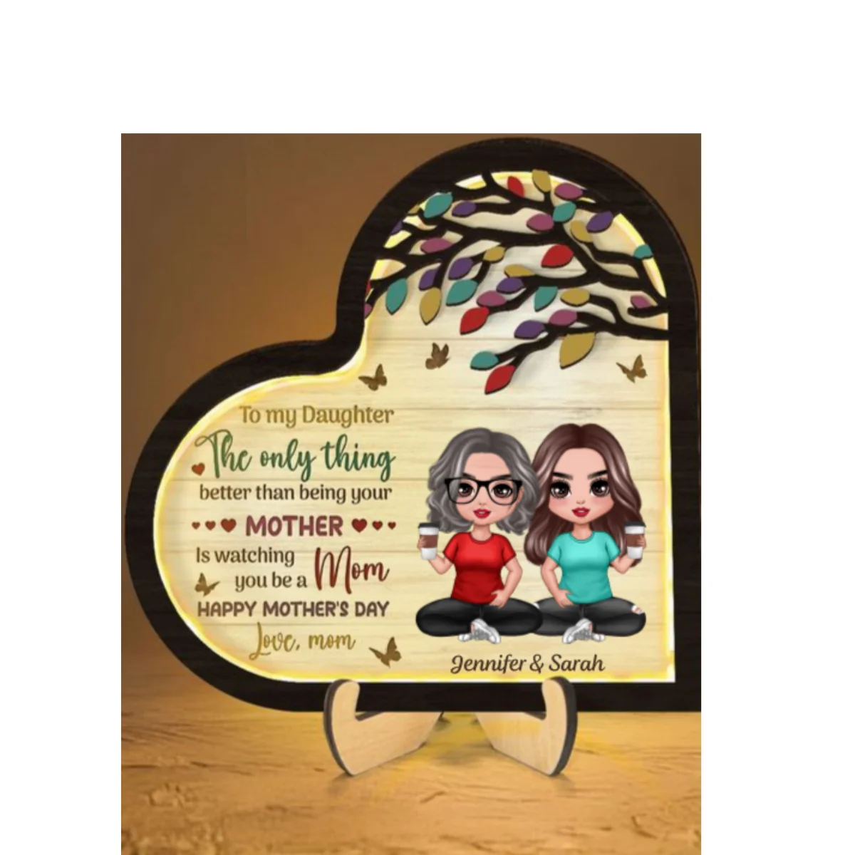 To My Daughter Gift From Mom Heart Personalized 2-Layered Wooden Plaque With LED - Image 8