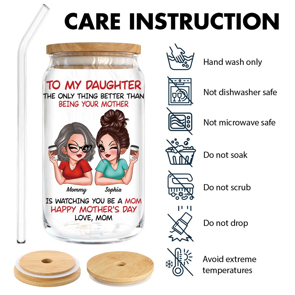 To My Daughter Happy Mother‘s Day Personalized Clear Glass Can - Image 10